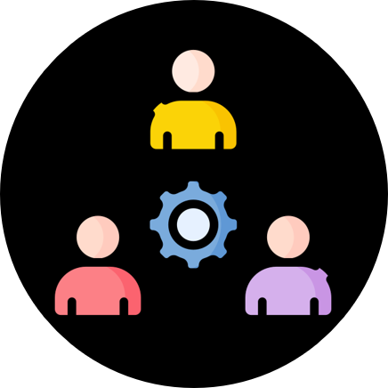 Three people and a gear icon in different colors on a black background.