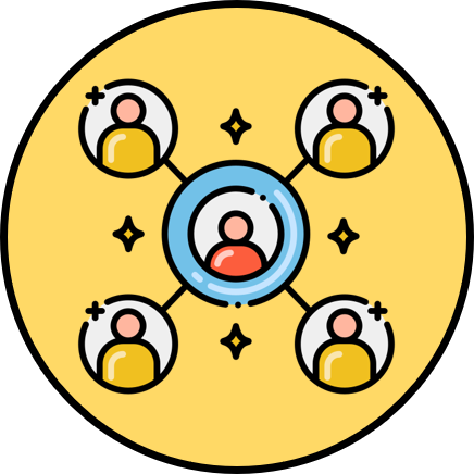 A yellow circle with a group of people, one highlighted in red, and connected by lines.