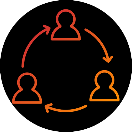 Three person icons in orange, with arrows indicating a circular flow, against a black background.