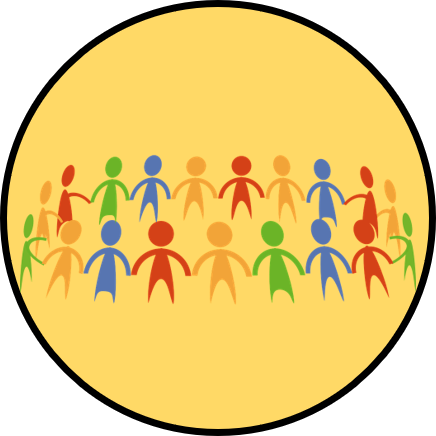 A circle of multicolored figures, each in a different color, holding hands, forming a unified group.
