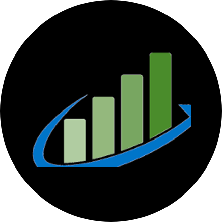 A bar chart with four ascending green bars within a blue arrow. The arrow curves upward on the right side.
