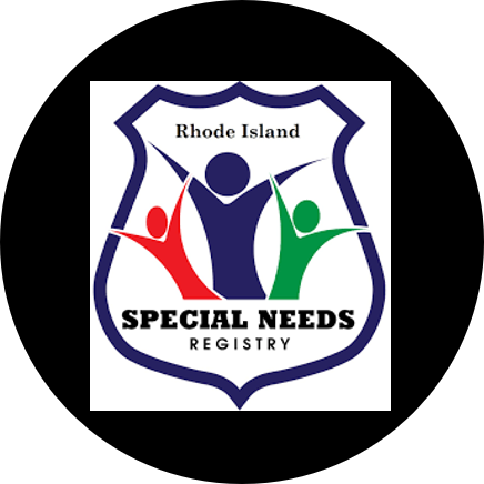 White shield with blue outline, featuring the words "Rhode Island Special Needs Registry" and an image of three people raising hands.