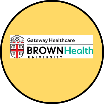 A yellow circle with the "Gateway Healthcare Brown Health University" logo featuring a cross and text.