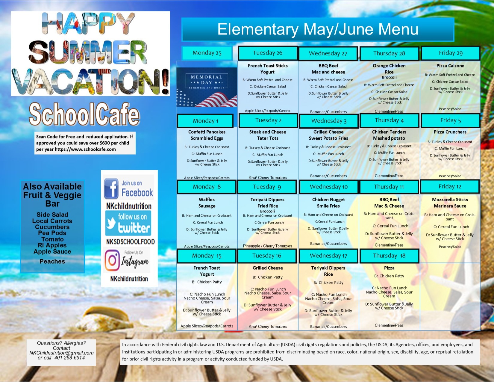 Blue and white poster with 'Happy Summer Vacation' and a beach background. It features a menu for May and June.
