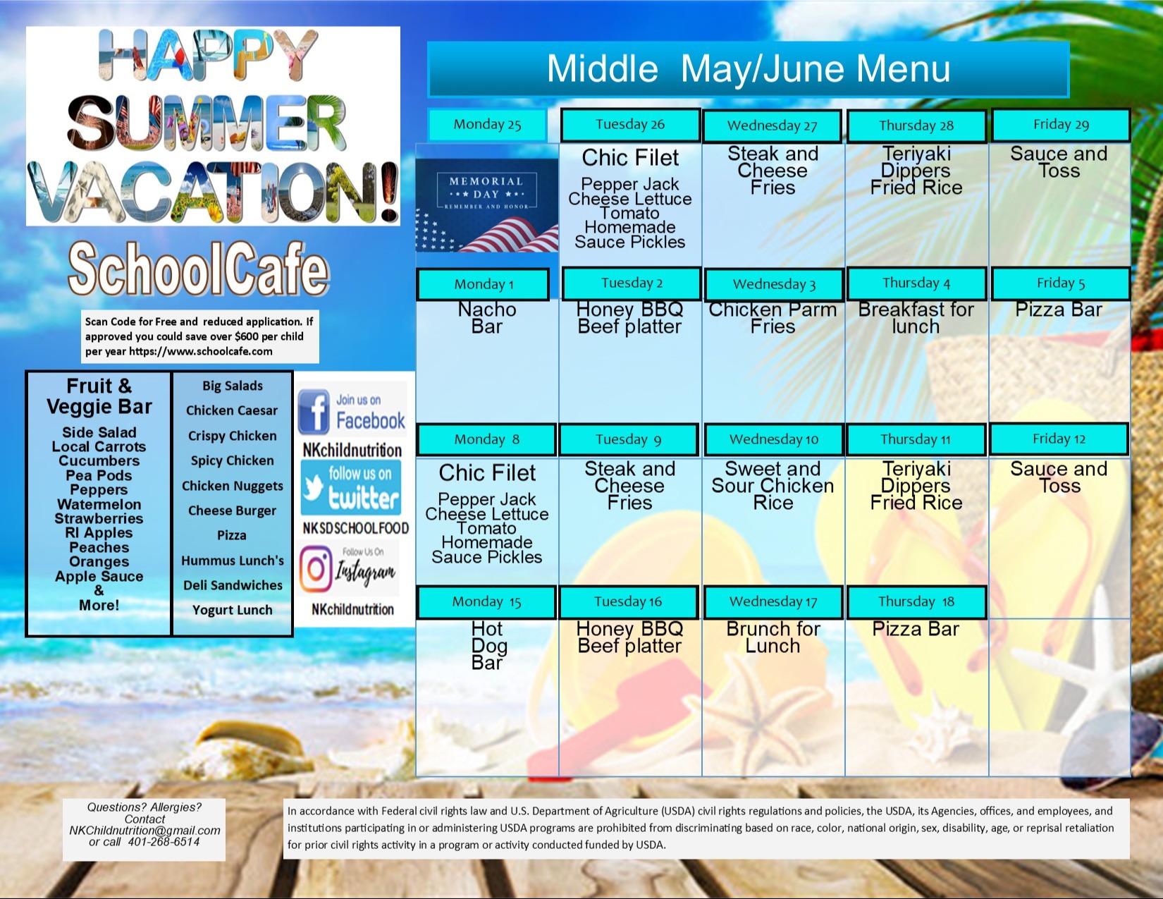 A menu board displays "Happy Summer Vacation!" with a blue and white background. The menu includes options for breakfast, lunch, and dinner.