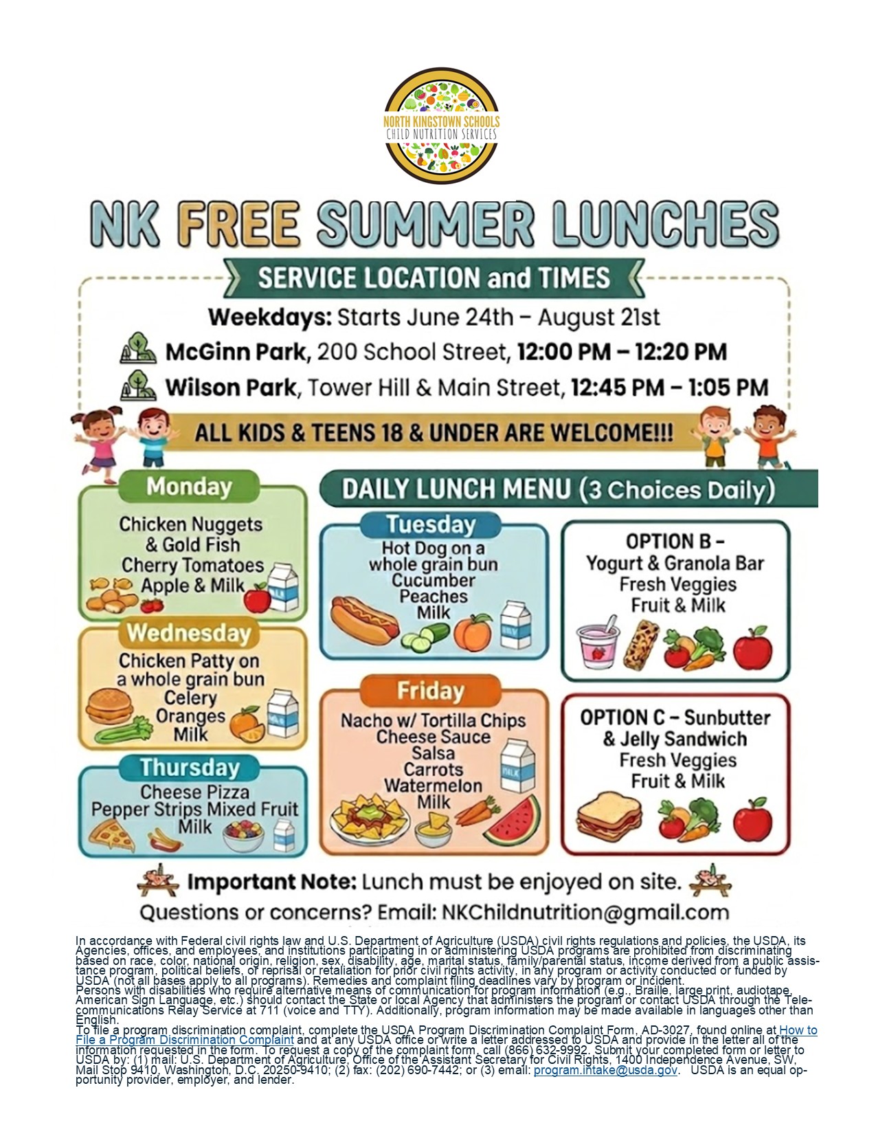 A flyer provides information about free summer lunches, including days, times, and lunch options for various days.
