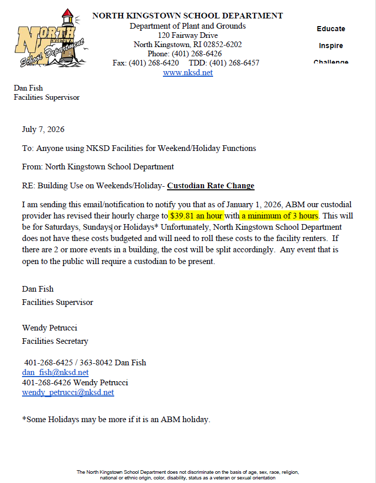 A memo from North Kingstown School Department. It mentions a change in custodial rates from January 1, 2024.