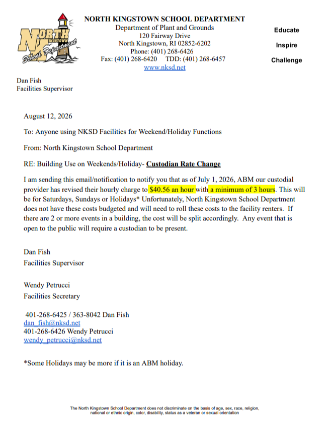 A letter from the North Kingstown School Department dated August 12, 2026. It includes a notification about a rate change for weekend/holiday facility use.