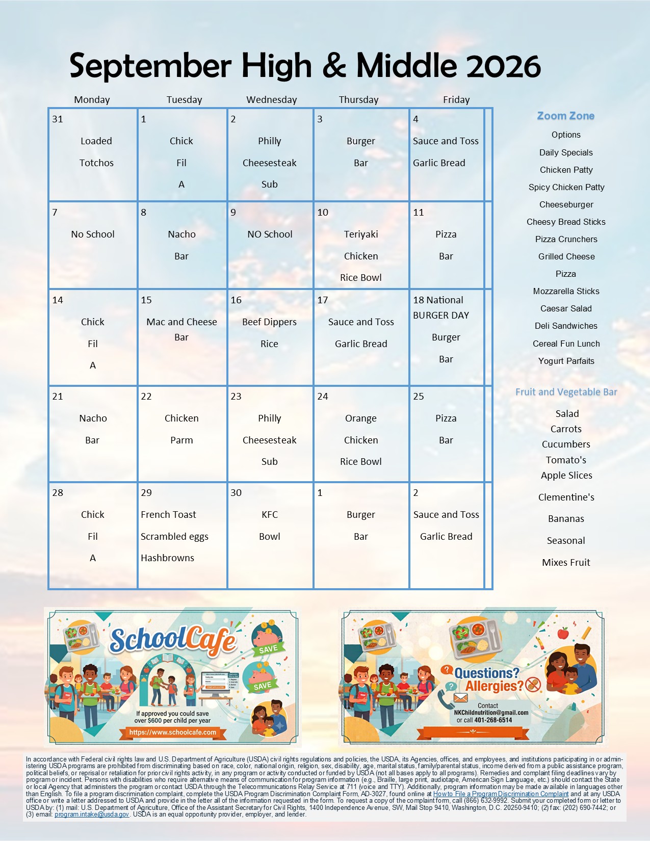 A calendar layout shows September 2026 meal options for High and Middle School. Each day is assigned a meal choice, and there are cards with questions and answers.