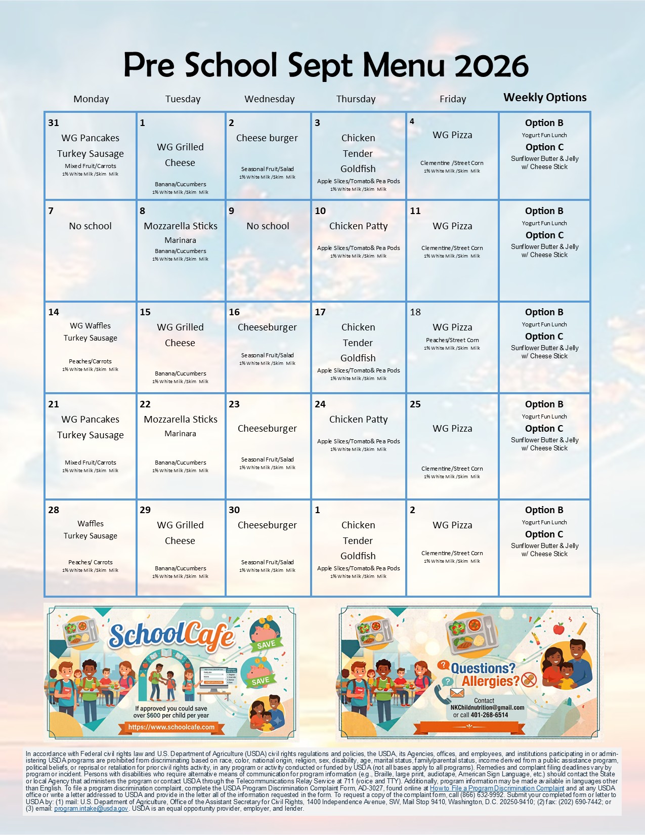 A calendar displays menu items for September. It includes meal options for Monday through Friday, and vegetarian and gluten-free options.