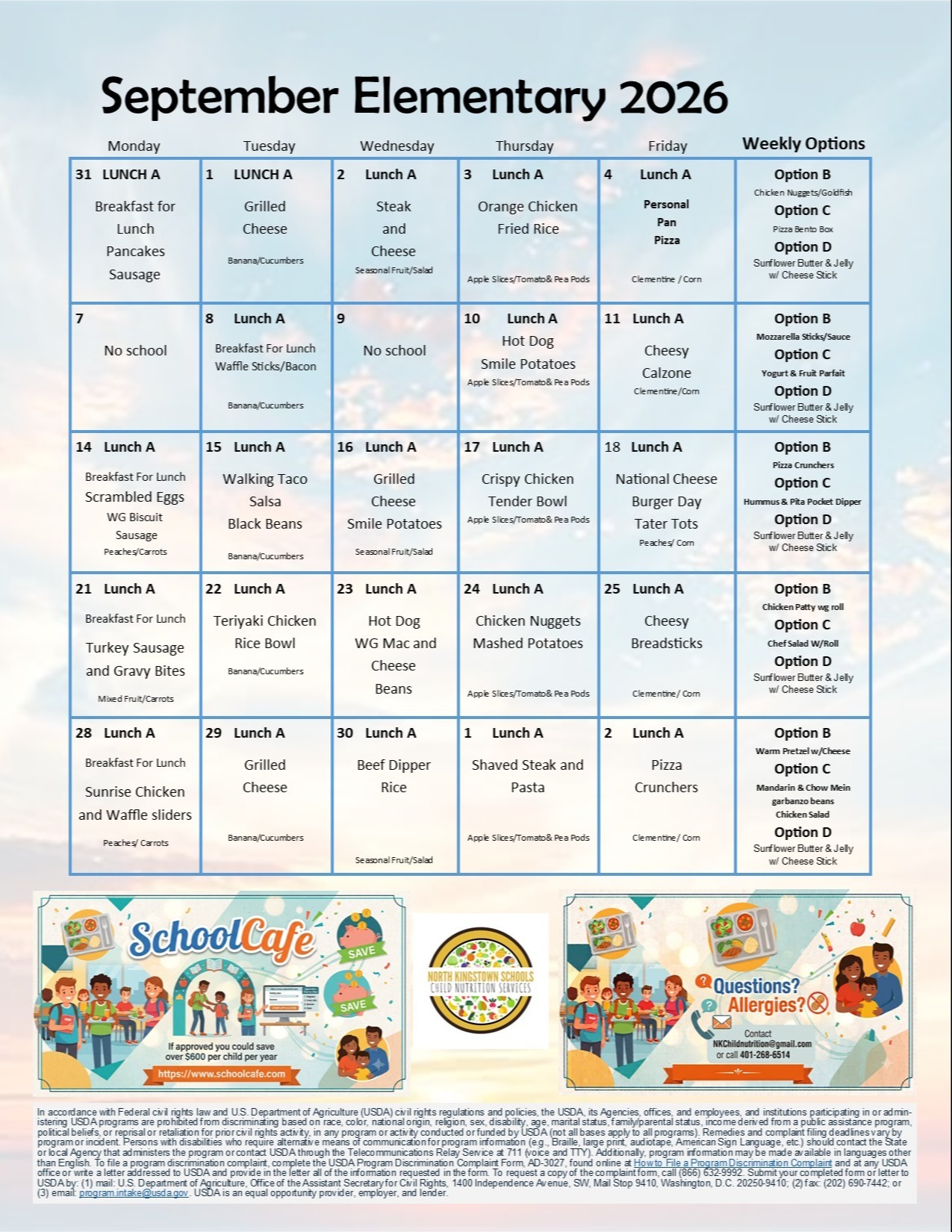 A page with a title "September Elementary 2026". It has a table with days, lunch menu, and options.