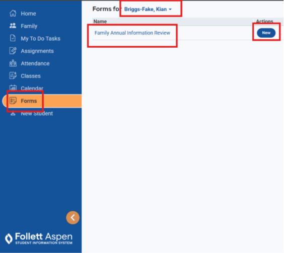 A navigation menu for an educational platform includes options like "Home", "Family", "My To Do Tasks", and "Forms". The "Forms" section is highlighted.