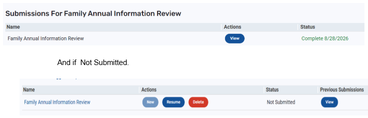 A table shows family annual information review submissions with columns for name, actions, status, and previous submissions.