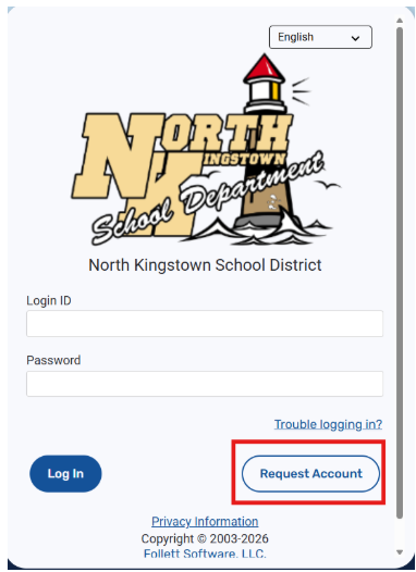 A login page with the logo, text, and an option to request an account. The logo features a lighthouse.