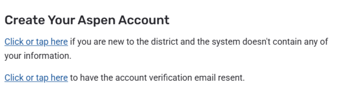 Blue text on a white background reads "Create Your Aspen Account" with clickable links in blue.
