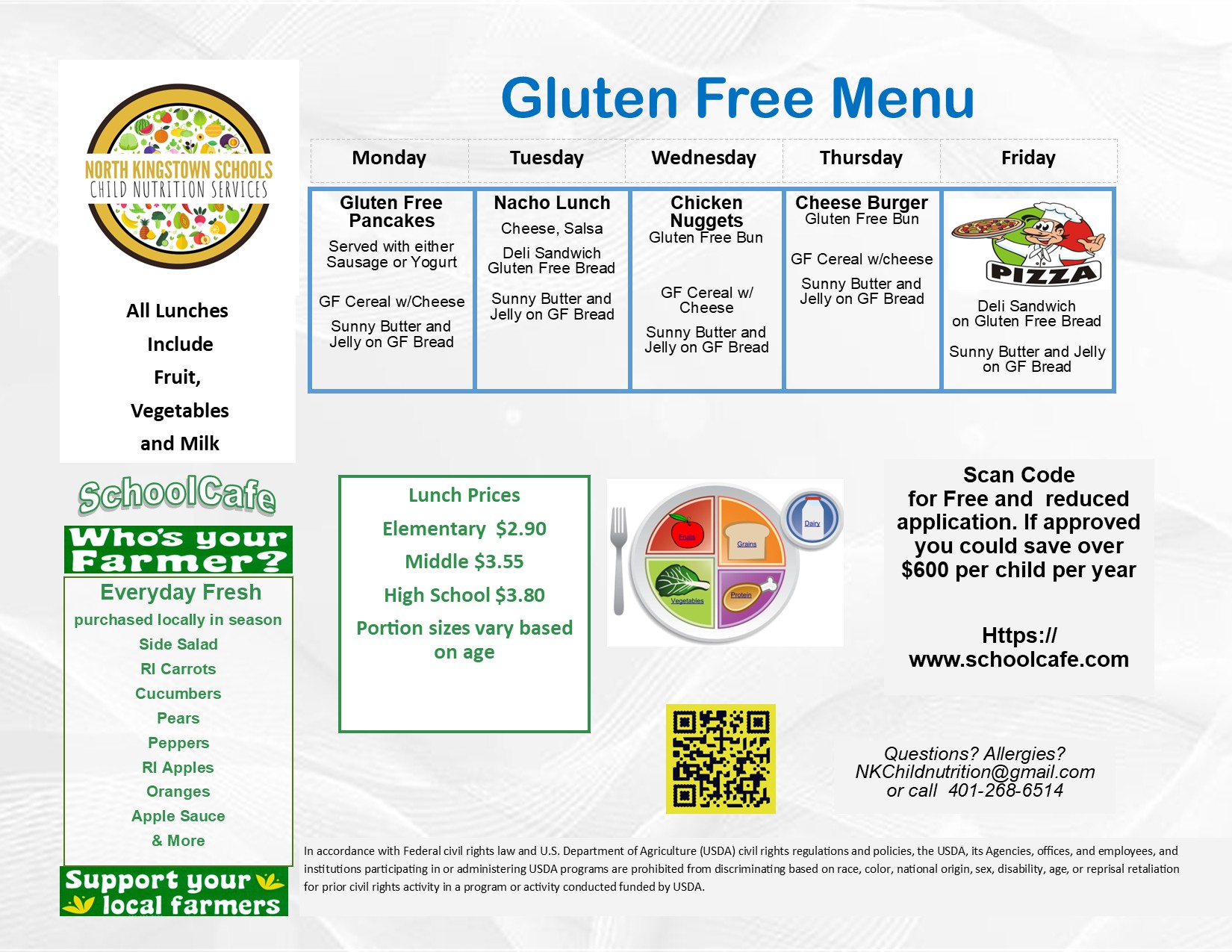 Gluten-free menu includes pancakes, burgers, pizza, and fruits. Options for elementary, middle, and high school.