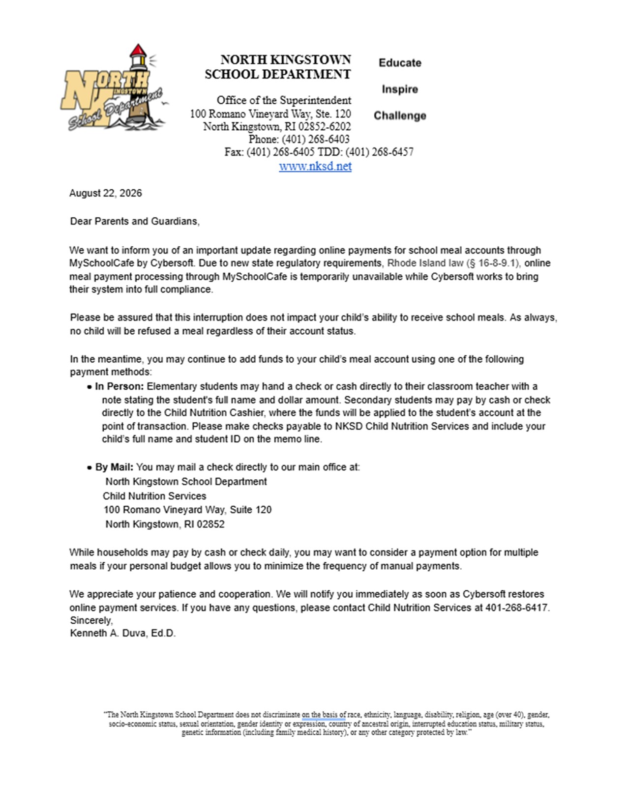 Document with header "NORTH KINGSTOWN SCHOOL DEPARTMENT" dated August 22, 2020, includes text about payment updates for school meal accounts due to regulatory changes.