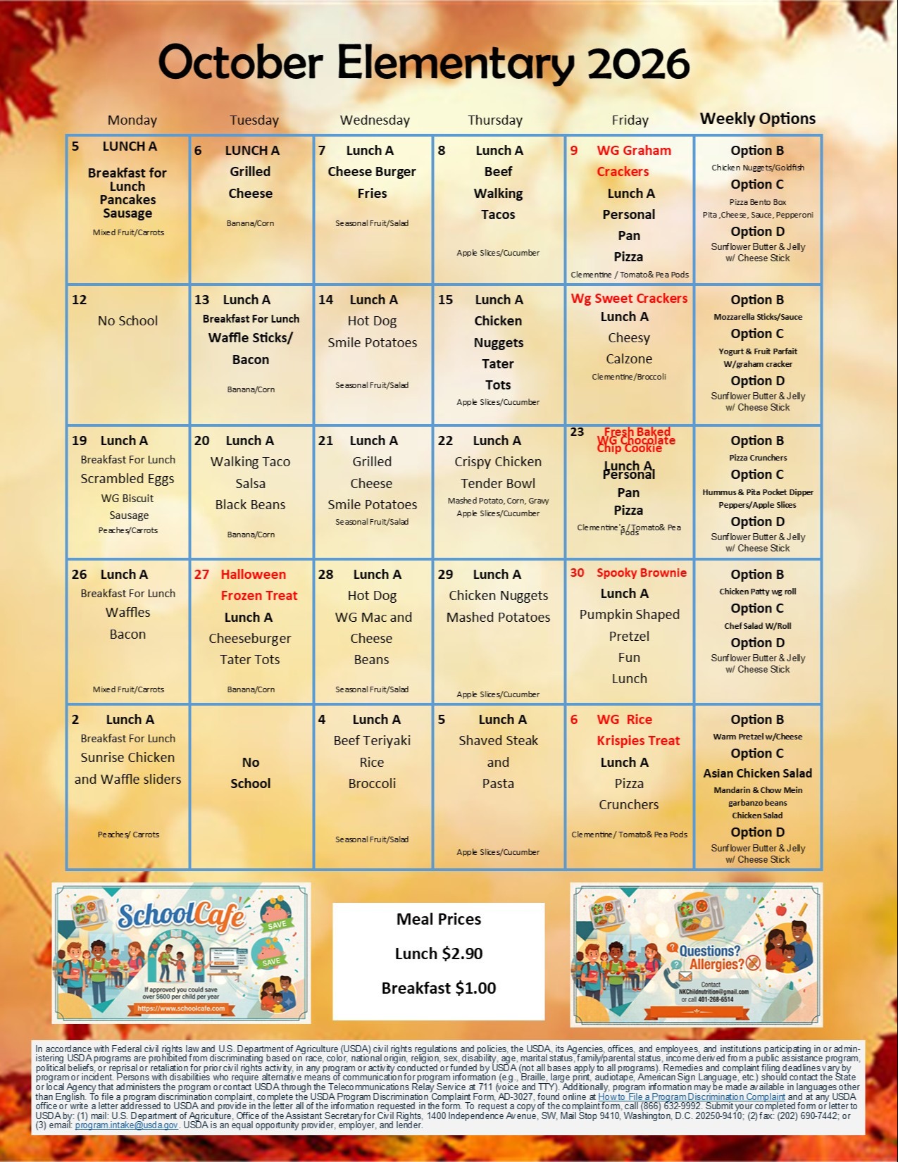 A monthly calendar for October 2026. The calendar shows a menu of meals for each day. The background is orange with leaves.