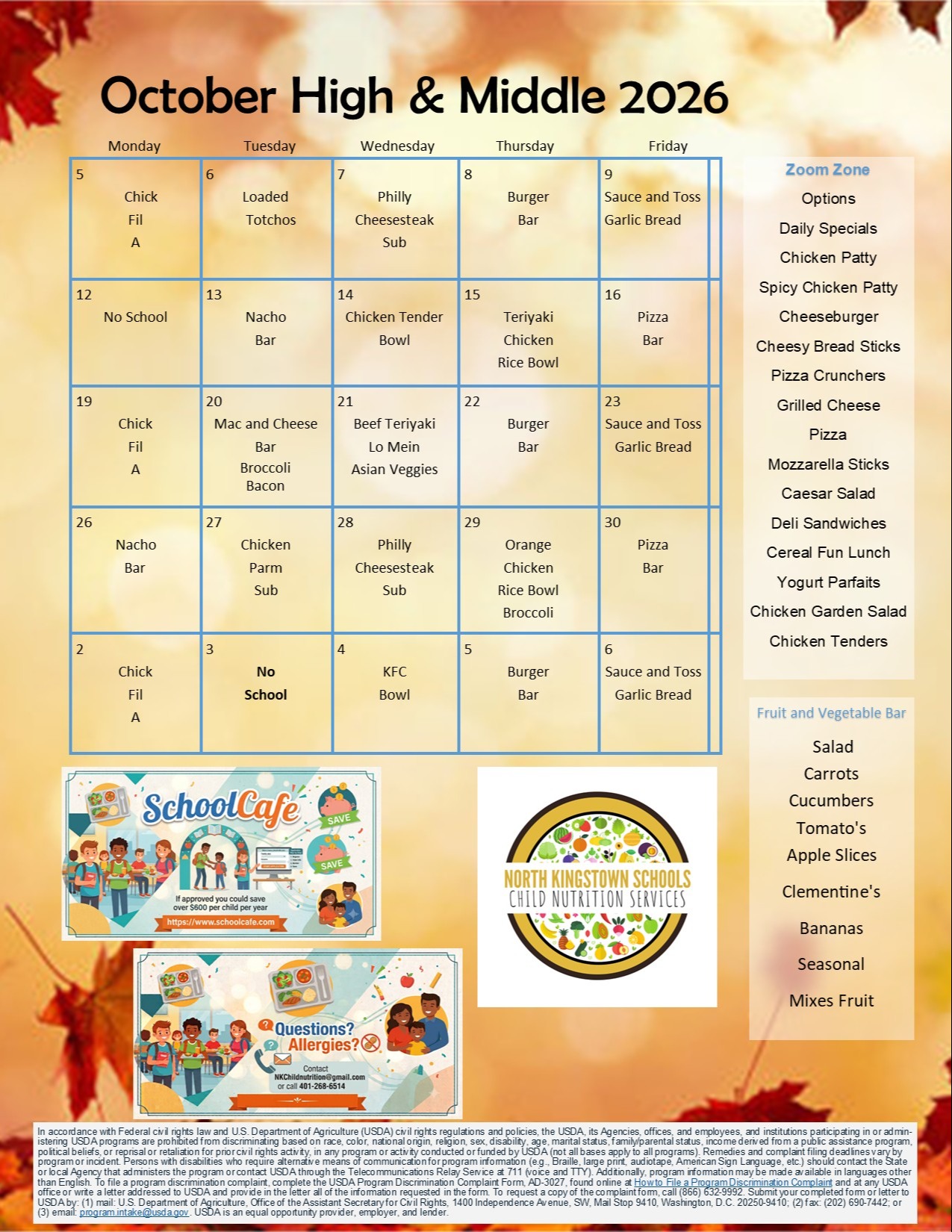 Calendar with daily food options. Background shows leaves and graphics of food. Text reads "October High & Middle 2020".