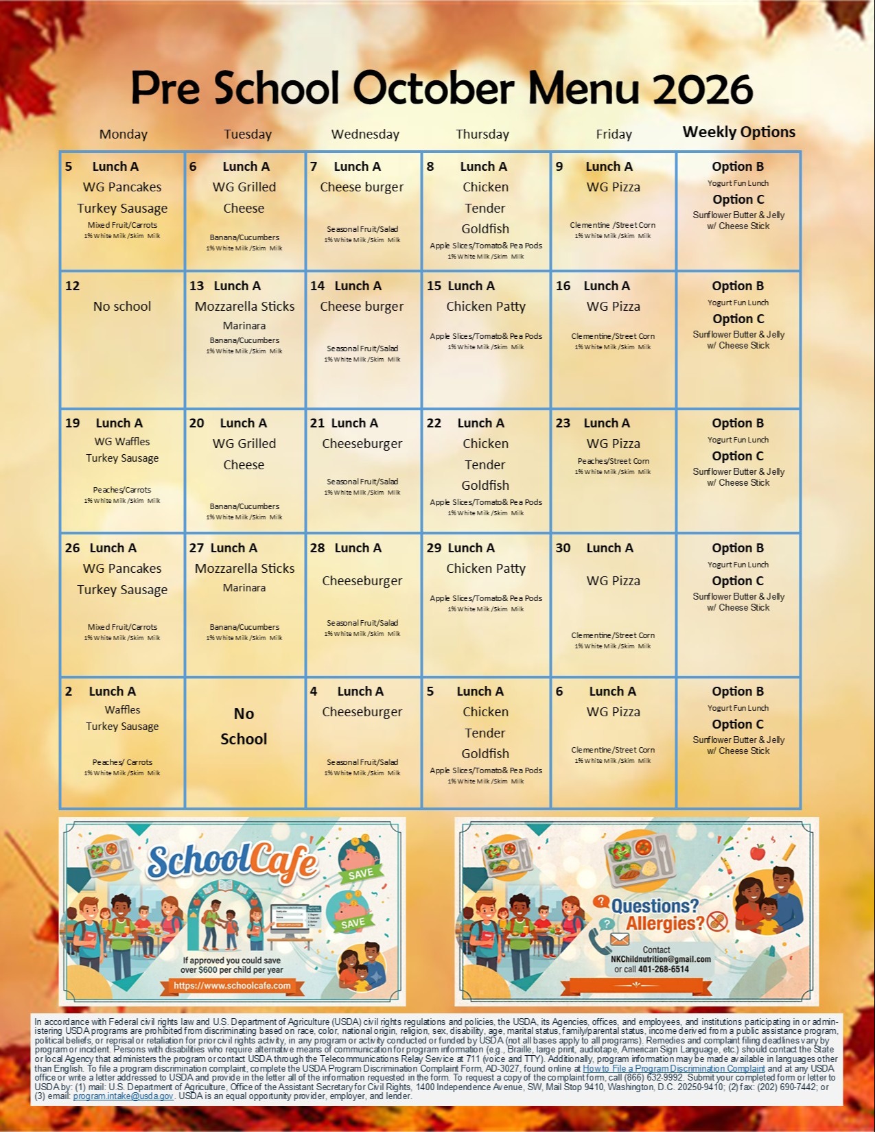 A menu for October 2026 with various lunch options and daily schedules. The menu includes choices such as turkey sausage, chicken patty, and cheeseburger.