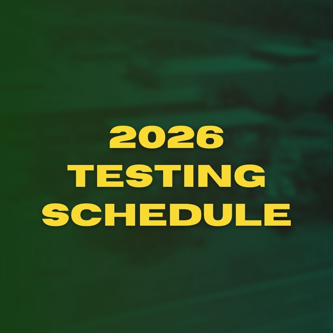 Green background with bold yellow text displaying "2026 TESTING SCHEDULE". The text is centered and clearly visible.