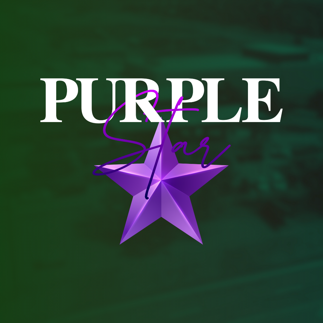 The word "Purple" in white cursive above a purple star, set against a solid green background.
