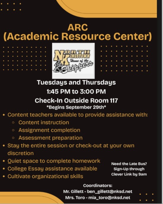 A flyer for the Academic Resource Center, featuring a black and yellow background. It includes hours, services, and contact information.