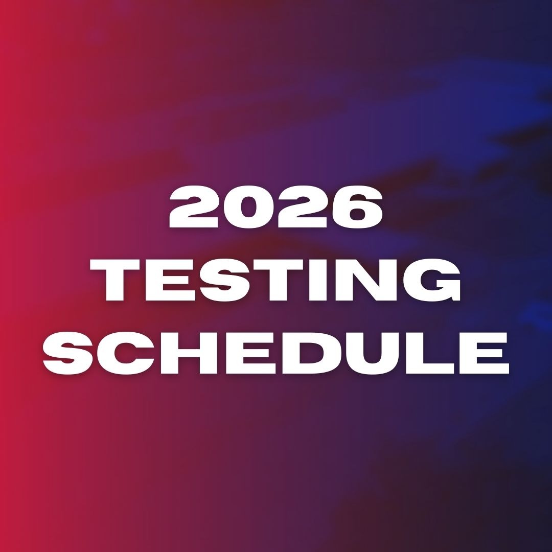 A bold white text reading "2026 TESTING SCHEDULE" on a red and blue gradient background.