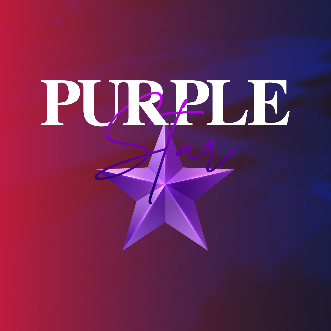 "Purple Star" in white text above a large purple star with a blue outline on a red and blue background.