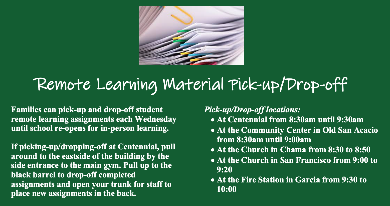 Remote learning material pick-up/drop off
