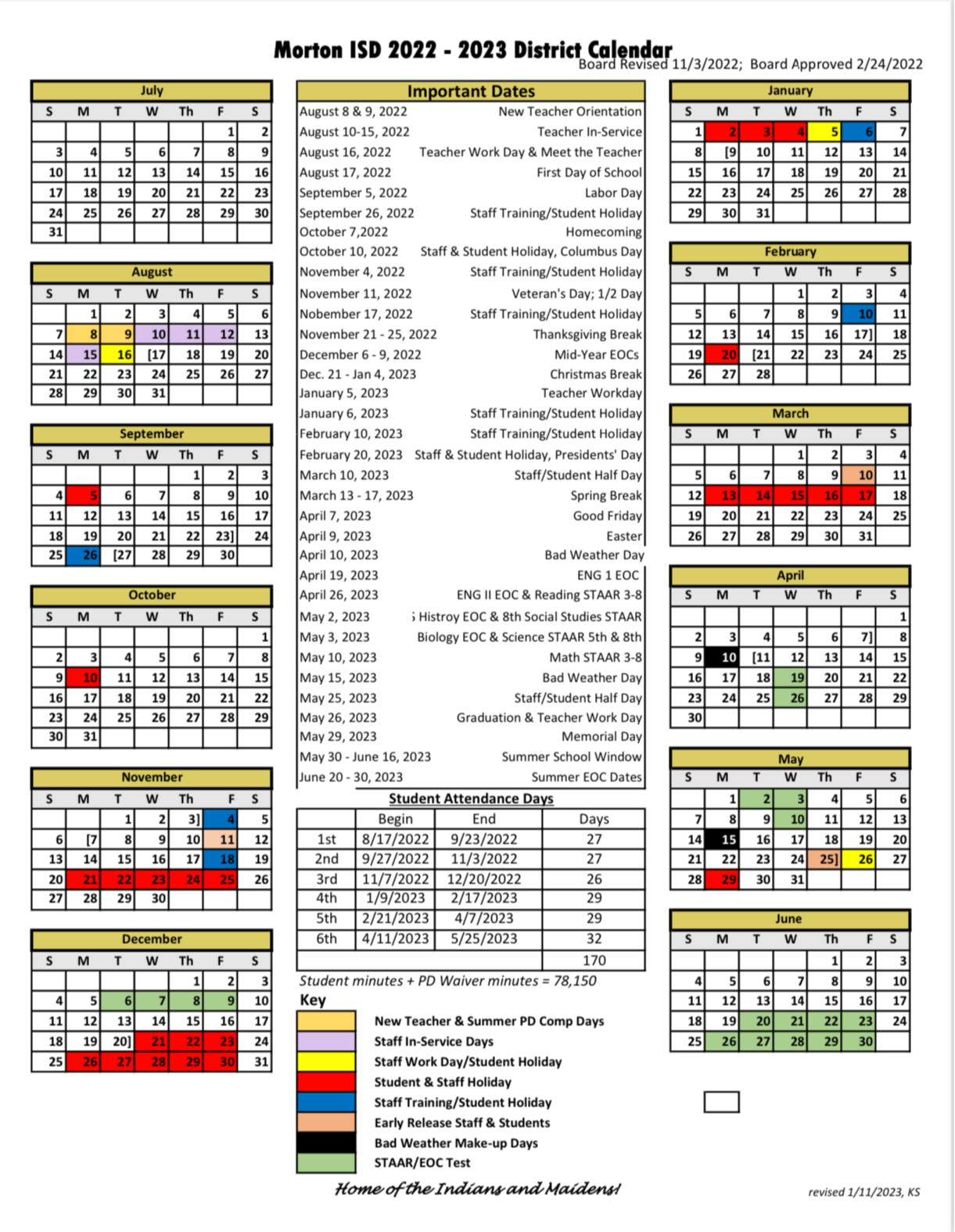 District Calendars | Morton ISD