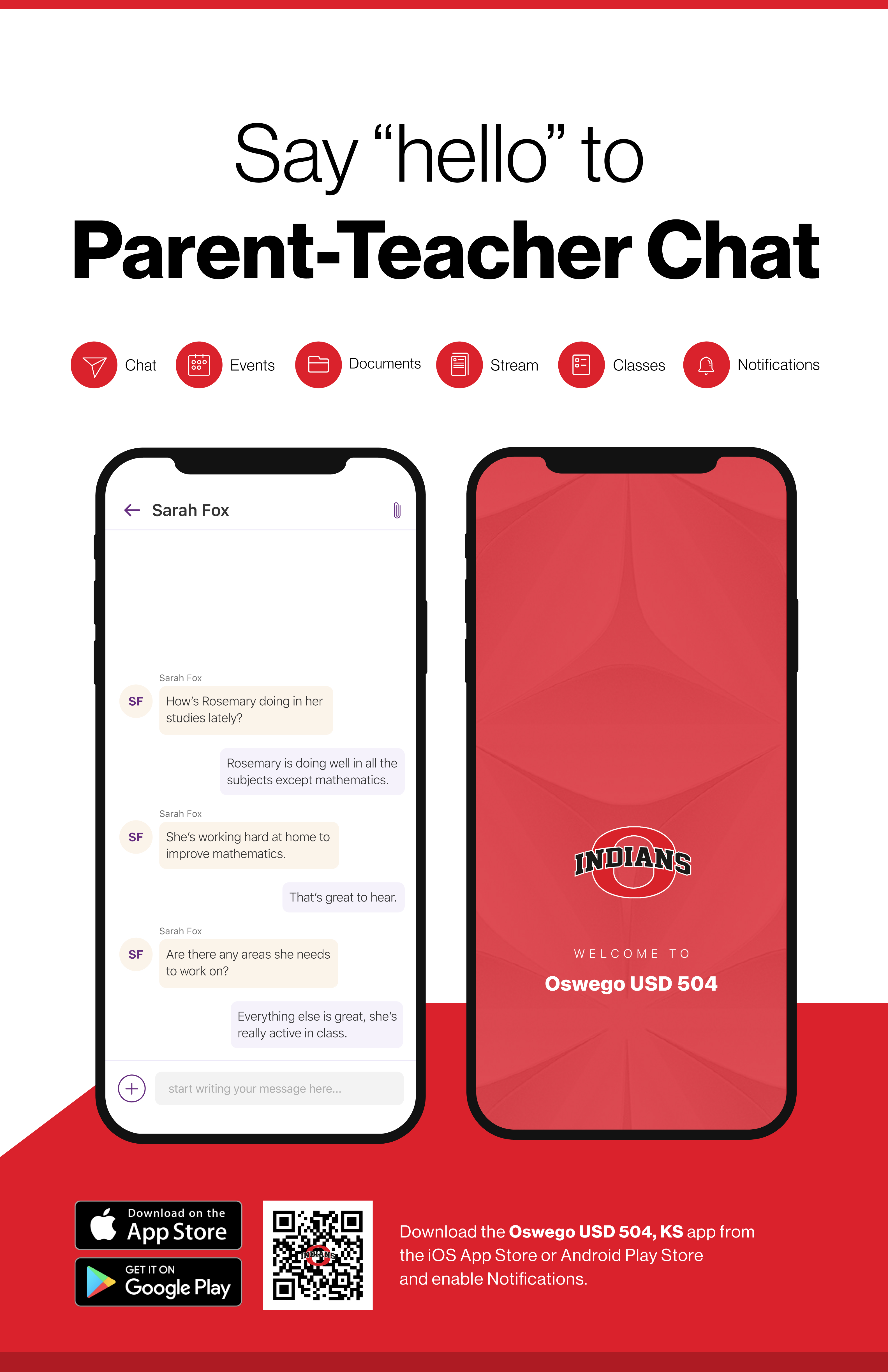 Say hello to Parent-Teacher chat in the new Rooms app. Download the Oswego USD 504 app in the Google Play or Apple App store.