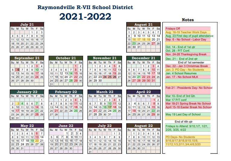 Raymondville School Calendar 2021-2022