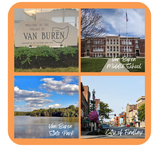 Images of Van Buren Village, VBMS, VB State Park, and City of Findlay downtown