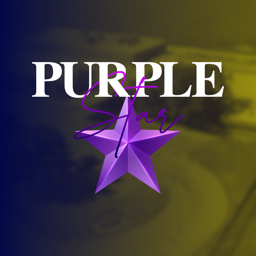 A purple star with "Purple Star" in white font. The star has a glossy appearance. Background is a mix of blue and green.