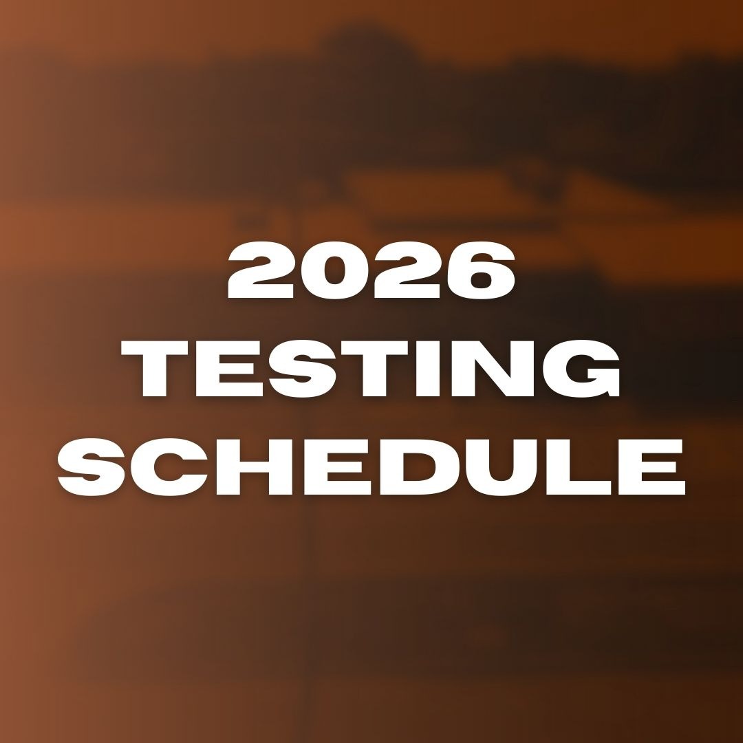 Brown background with white text reading "2026 Testing Schedule" in the center.