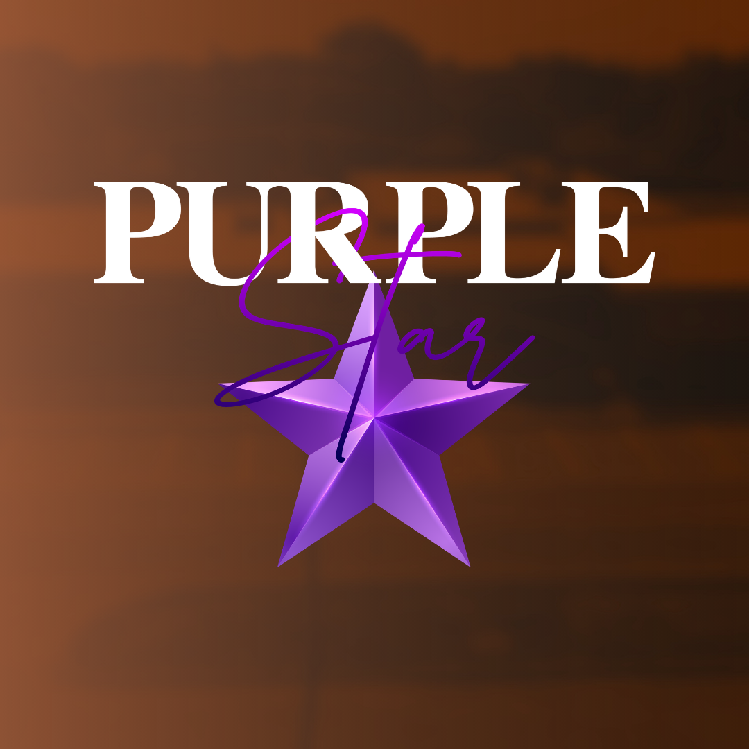 Purple star logo with star and text on a gradient brown background.