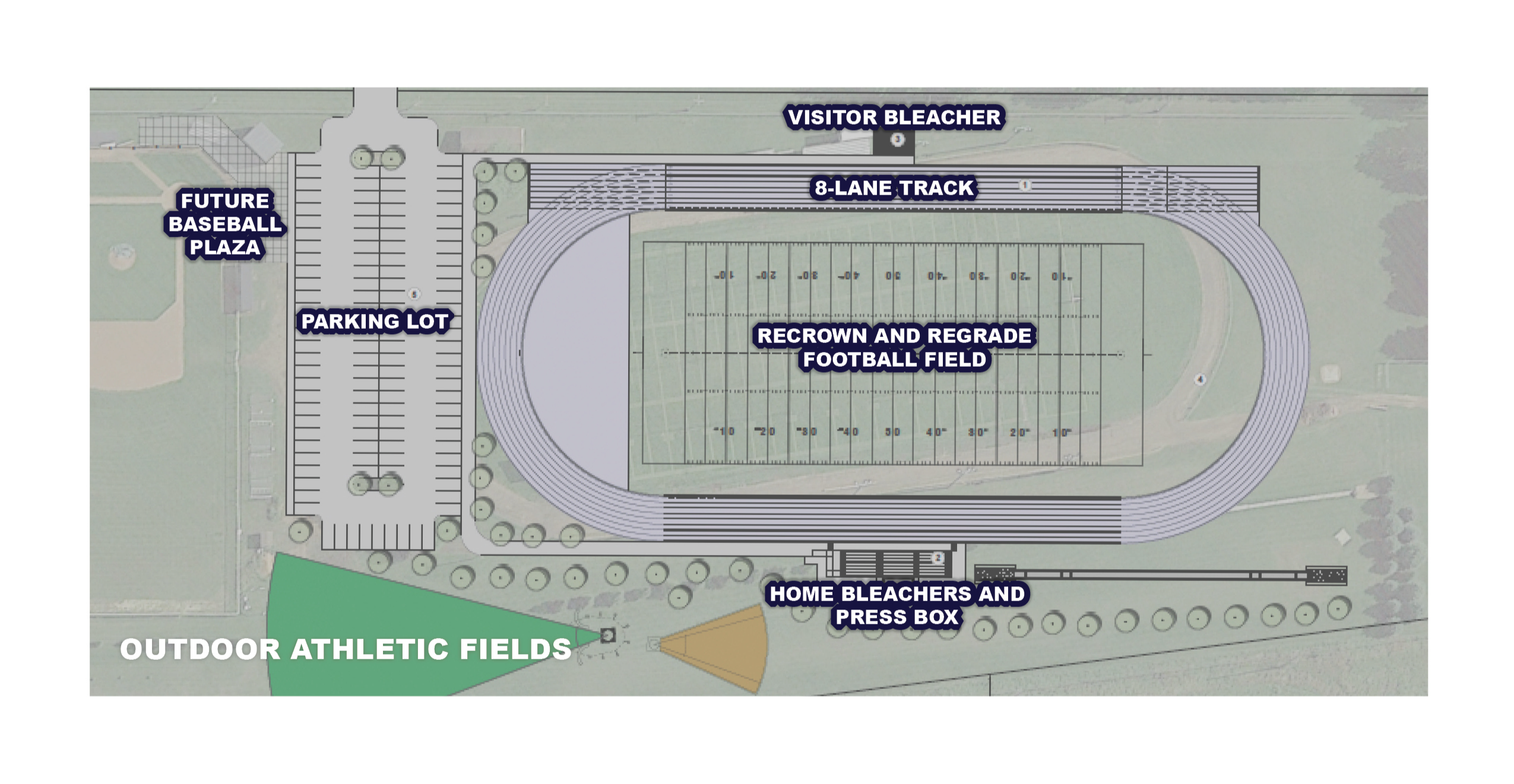 Picture of Outdoor Athletic Fields Map - Future Baseball Plaza, Parking Lot, Recrown and Regrade Football Field, Home Bleachers and Press Box, Visitor Bleachers, 8-Lane Track