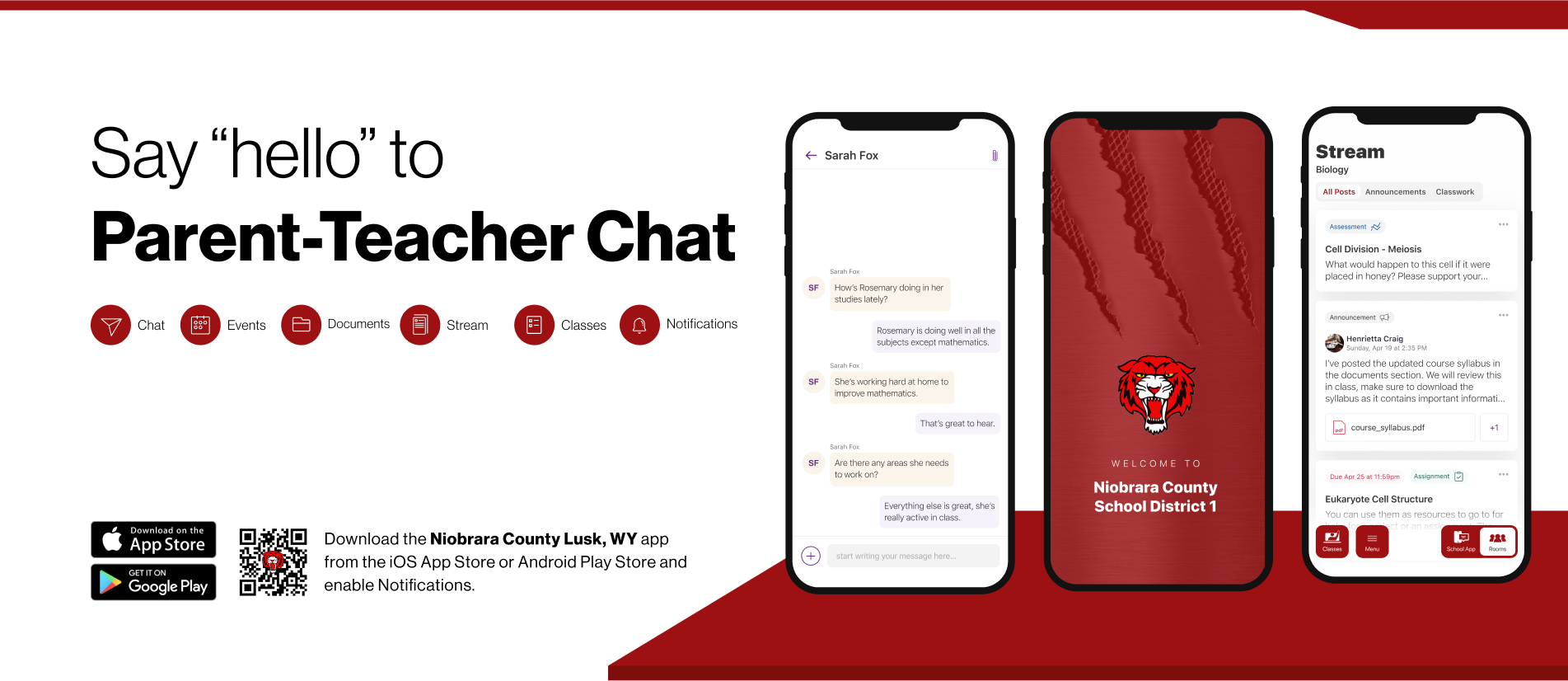 Say hello to Parent-Teacher chat in the new Rooms app. Download the Niobrara County School District app in the Google Play or Apple App store.