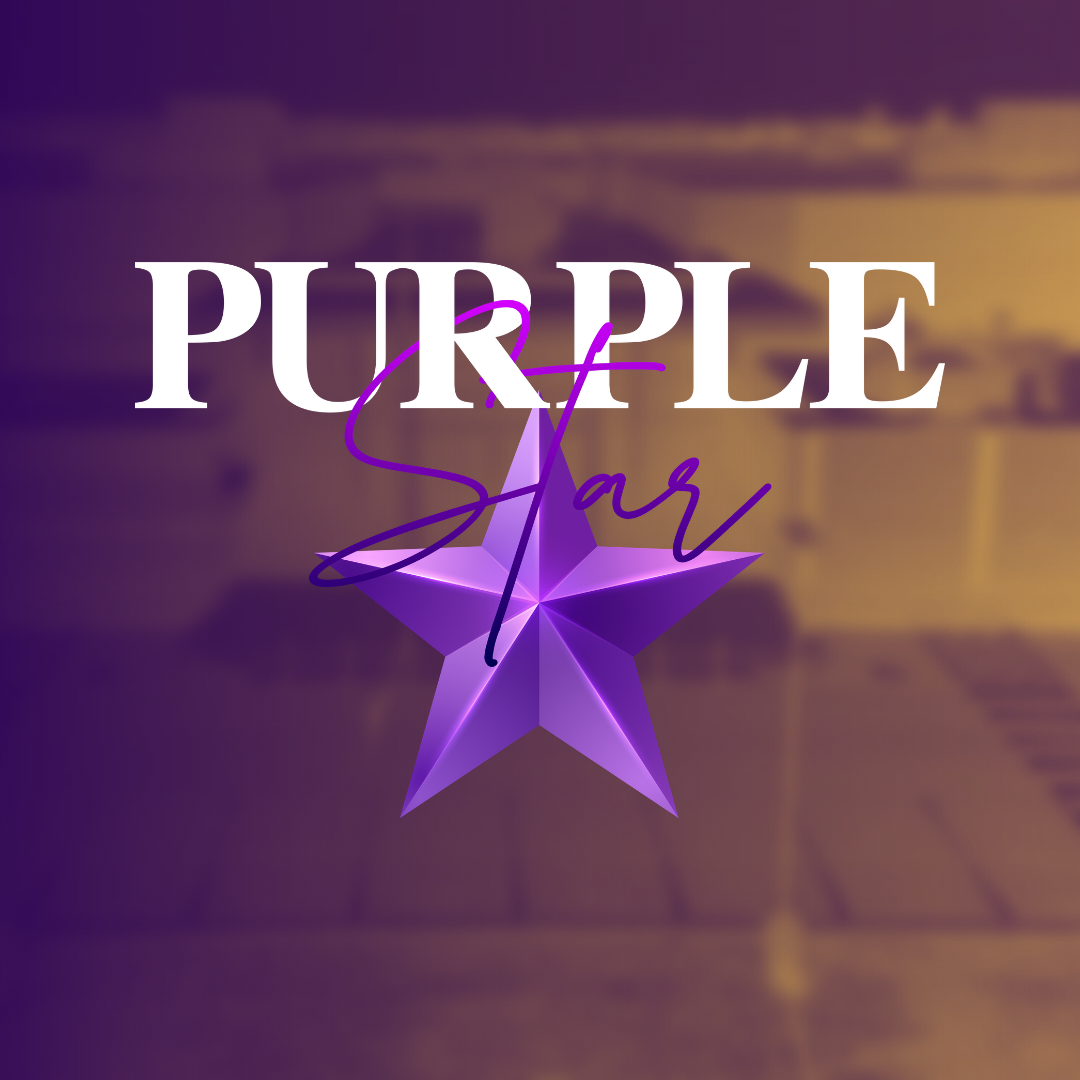 Purple text "PURPLE" with a purple star overlay on a blurred background with a building.