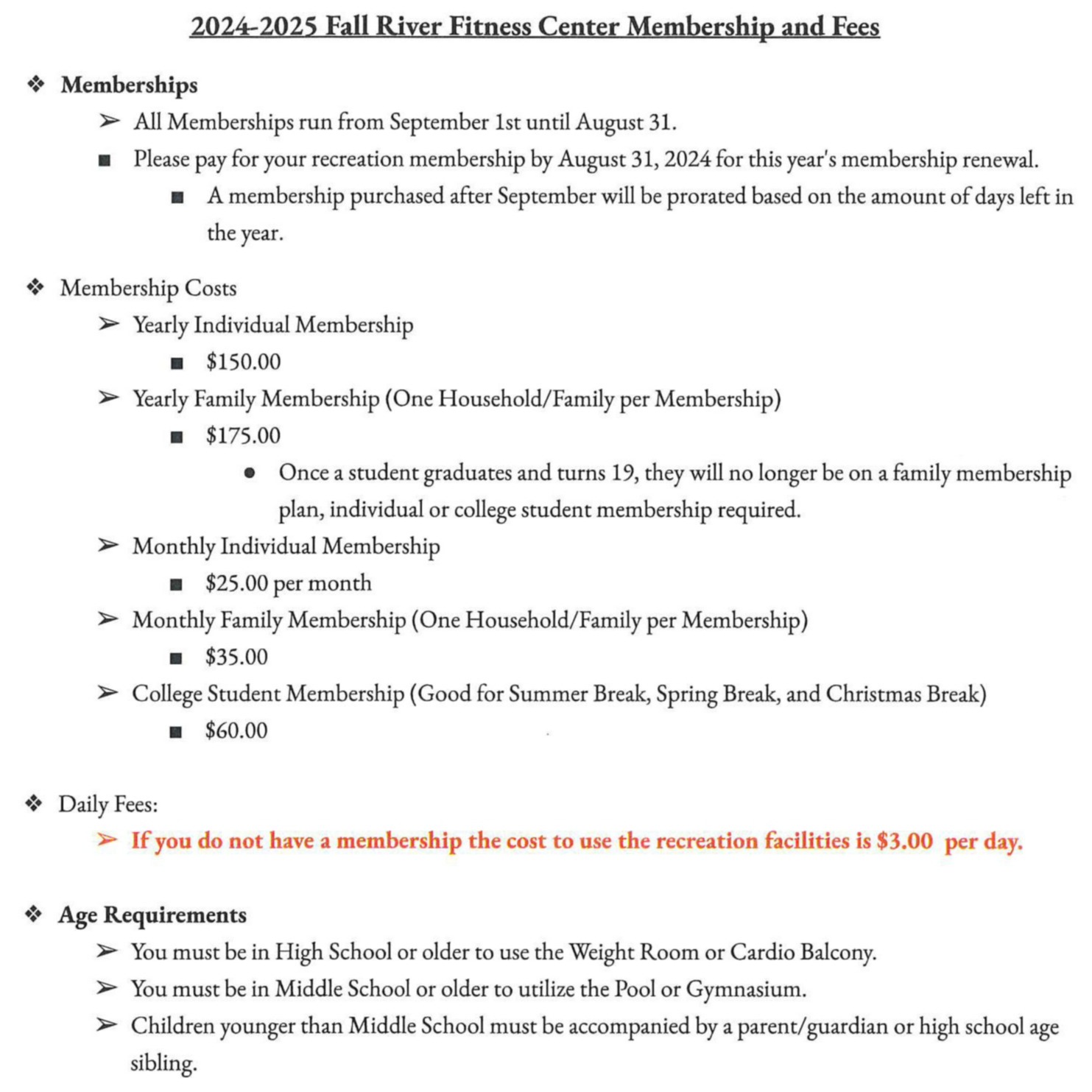 2024-2025 Memberships and Fees