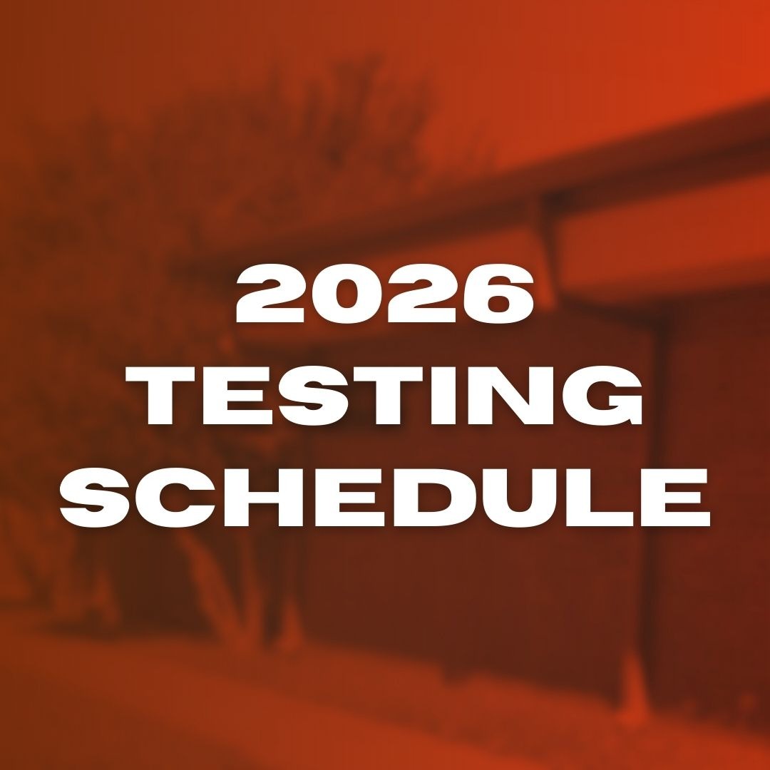 Red background with a building and tree. White text reads "2026 TESTING SCHEDULE".