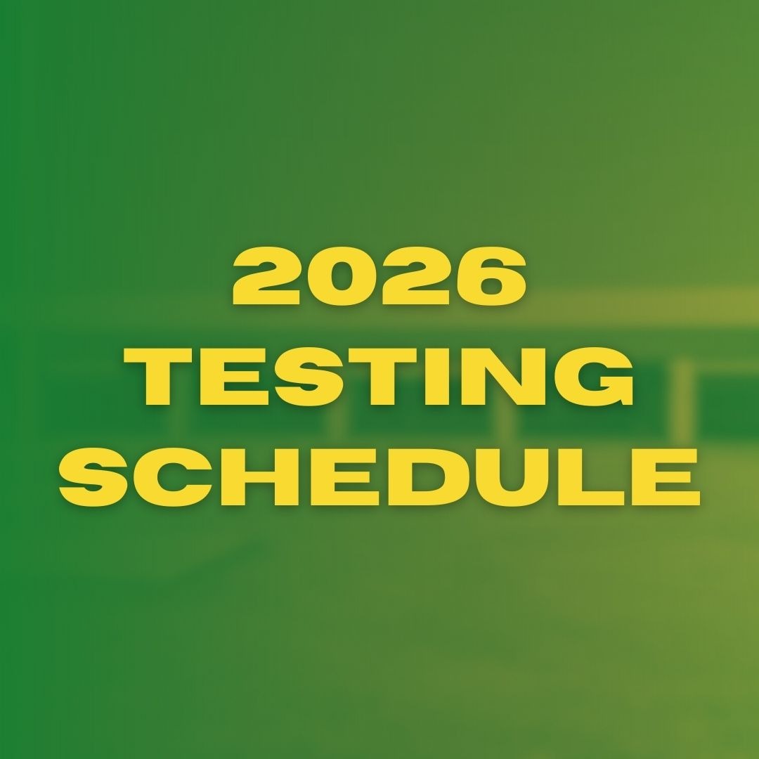 Bright green background with bold yellow text displaying "2026 Testing Schedule" in large letters.