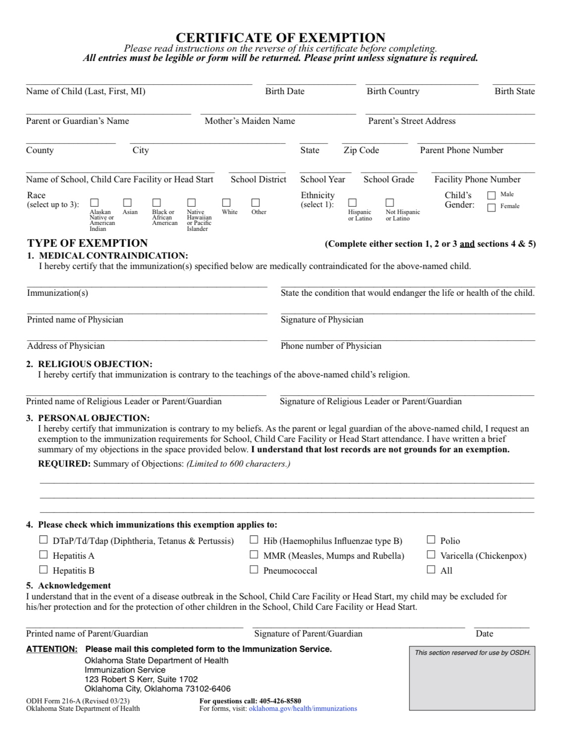 Certificate of Exemption for Immunizations page 1