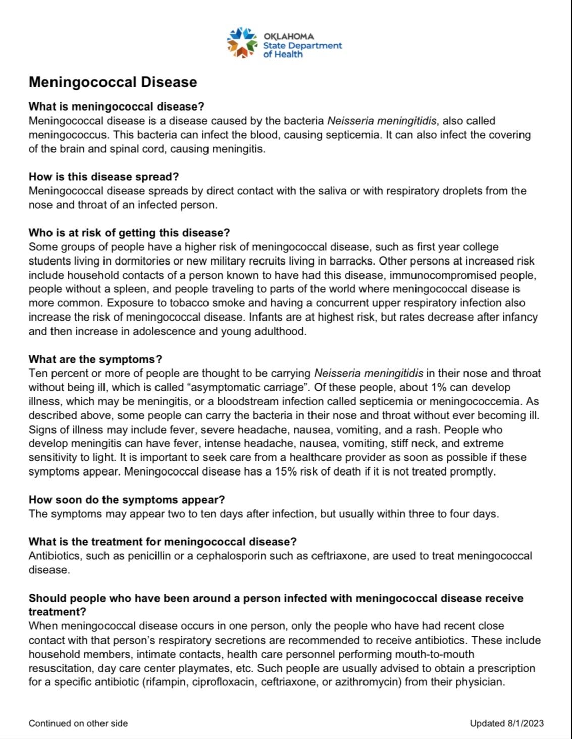 Meningococcal Disease Information Sheet page 1