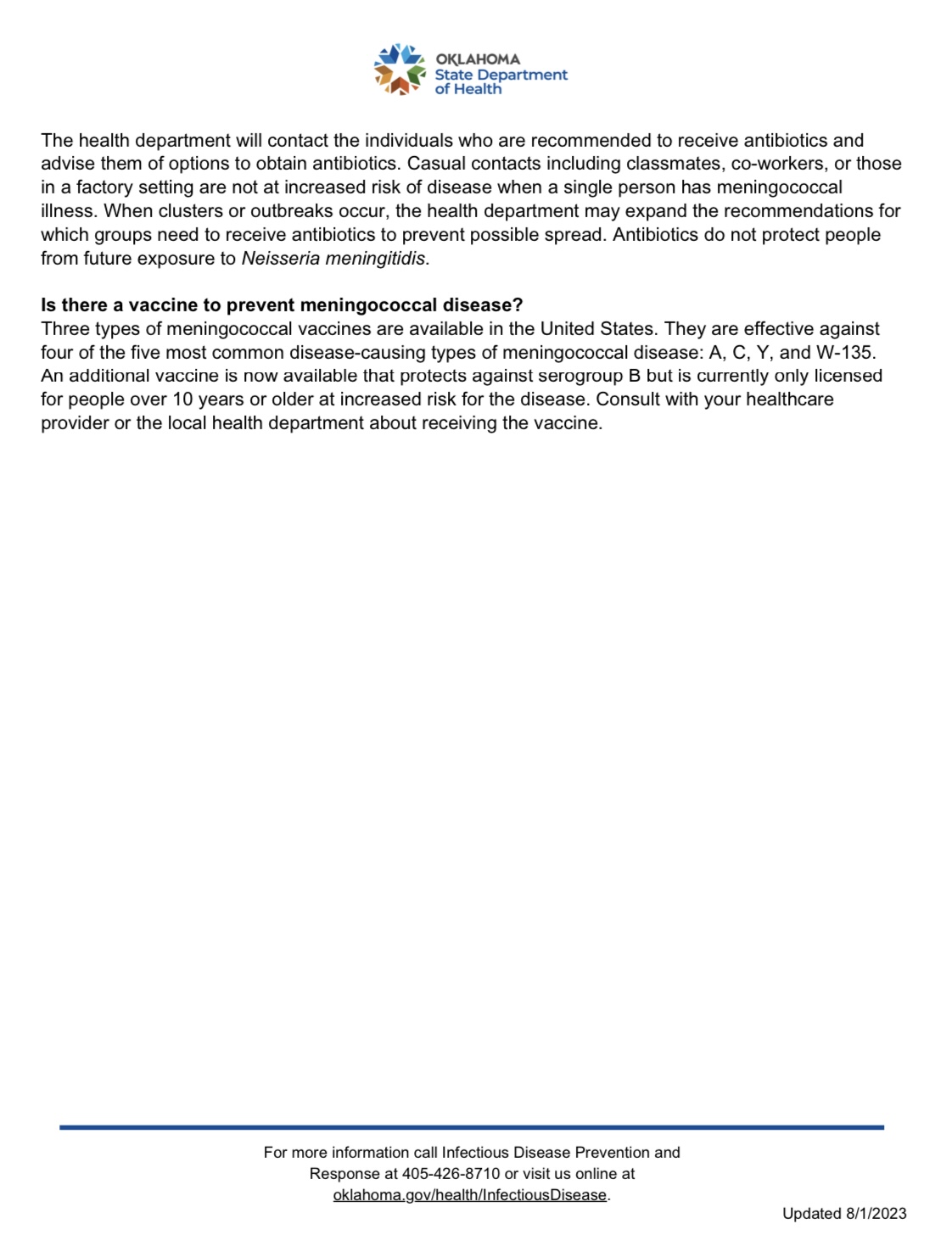 Meningococcal Disease Information Sheet page 2