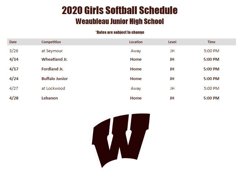 2020 Girls Softball Schedule