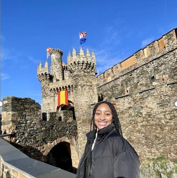 Ashford in front of castle in Spain