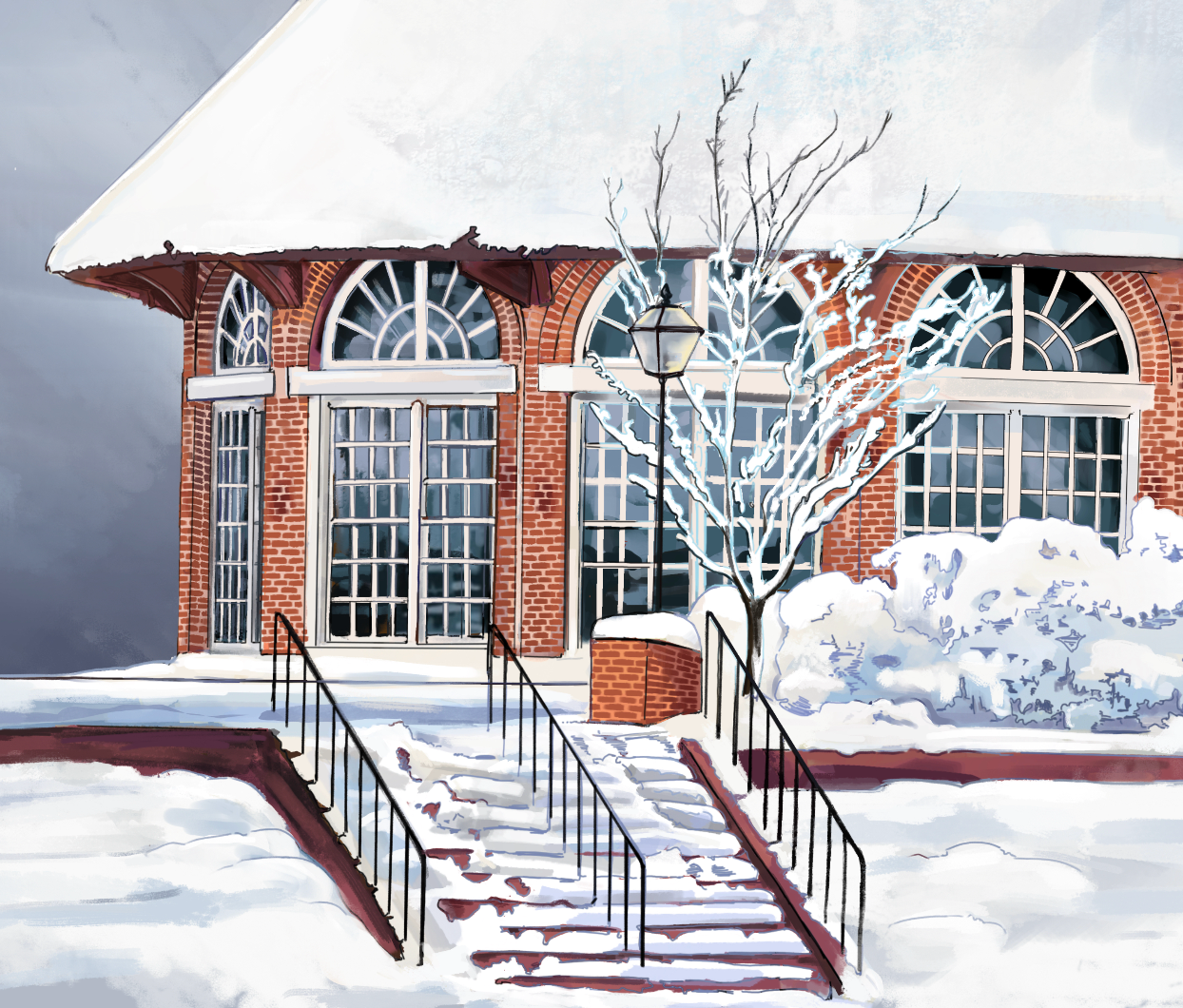 drawing of the Murphy House Seminar Room in the snow