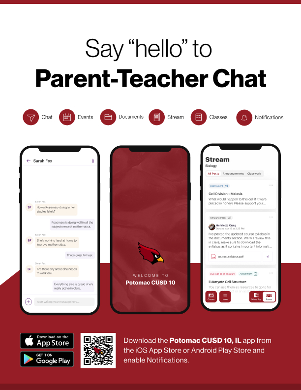 Say Hello to Parent-Teacher Chat with Rooms. A feature of Potomac CUSD 10's School District App.